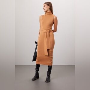 Chic Tan Midi Dress with Tie Waist